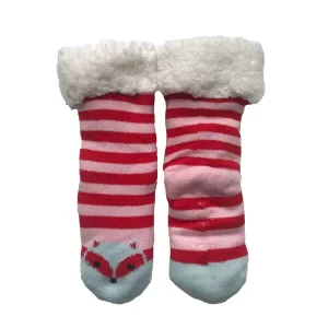 Girls’ Cute Crew Anti Slip Knitted Sherpa Lined Eco Friendly Winter Slipper Socks with Fox Toe Design & Fuzzy Cuff