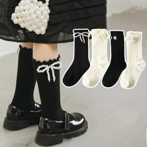 Girls Cute Japanese Children’s Crew Frilly Lace Pile Knitted Breathable Party Dress Socks with Bows Pearl Princess Lolita Style