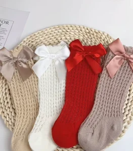 Girls Newborn Baby Headband Socks Set Bow Elastic Nylon Solid Color Middle Tube Ruffled Ankle Casual Knitted Infant Socks