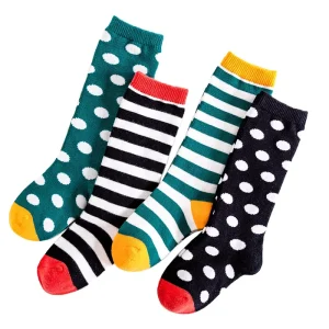 Girls Polka Dot Stripe Color Block Crew A Class Cotton Breathable Non Binding Kids Retro Style Versatile Knee High Socks Knitted