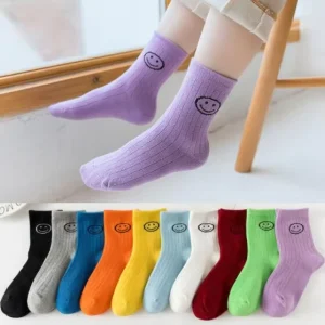 Girls Smiley Face Embroidered Crew Socks A Class Cotton Breathable Non Binding Kids Socks Candy Color Versatile Toddler Socks
