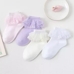 Girls Spring Autumn Breathable Cotton Socks White Princess Lace Design Cute Butterfly Crew for Dance Students Baby Children