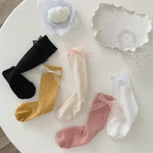 Girls’ Spring Summer Breathable Lightweight Casual Socks for Children Mid Calf Cotton Spandex Mesh Butterfly Knotted Long Socks