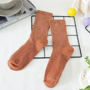 Gold Silver Fiber Socks Women’s Solid Color Breathable Fashion Glitter Shiny Yarn Metallic Socks