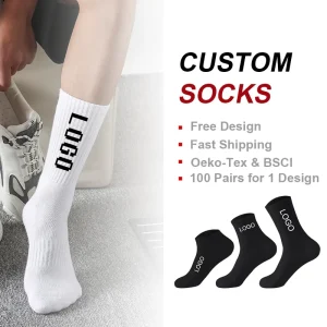 Good Quality Customized White Black Cotton Socks Sports Crew Men’s Custom Logo Socks