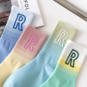 Gradient Color Women’s Crew Socks Trendy All-Match Letter C-Net Infrared Wear Anti-Bacterial Spandex Cotton Casual Personalized