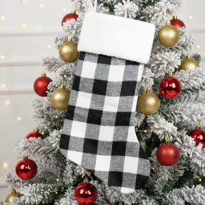 Gray Black Buffalo Plush Cuff Cotton Soft Durable Plaid Christmas Stocking Hanging Socks