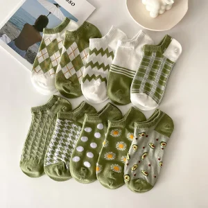 Green Cotton Women’s Ankle Socks Summer Thin Moisture Wicking Jacquard Instagram Trendy Logo Cute Japanese Style Low Cut No Show