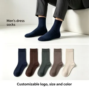 High Black Rib Men’s Summer Casual Socks Eco Friendly Anti Bacterial Cotton Blend Sweat Absorbent Seamless Embroidery Cuff
