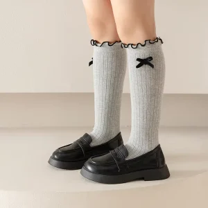 High Crew Wooden Ear Lace Princess Socks Spring and Autumn Bow Boneless Loose Mouth White Pile Dress Socks for Girls