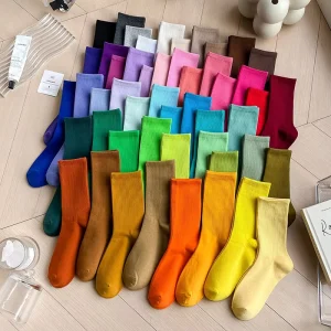 High Elastic Women’s Cotton Crew Socks Solid & Colorful Boot Socks Customizable Logo Candy-Colored Dress Socks for Autumn Season