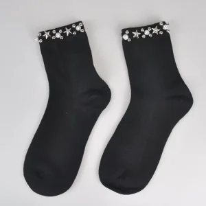 High Pearl Women’s Crew Socks Knitted Ankle Socks with Beads Spring Season Print Bottom and Body Logo Cuff Logo