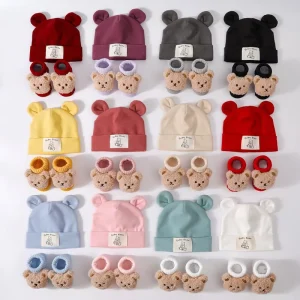 High Quality Cotton Baby Hat Socks Set 3D Cartoon Newborn Baby Socks Solid Color Baby Socks Set