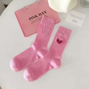 High Quality Cotton Women’s Socks Customized Logo Breathable Heart Embroidery Knitted Crew Length Colorful for Summer Daily Use