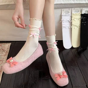 High Quality OEM 168N Combed Cotton Women Socks With Ribbon Bow Japanese School Girl JK Uniform Frilly Calcetines Socks