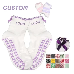 High Quality Personalized Cotton Women Yoga Socks Sports Crew Bow Logo Pilates Socks Grip Anti Slip Custom Socks