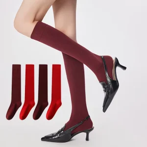 High Quality Rib Cuff Solid Red Knee High Socks Fashion Model Style Long Socks Women