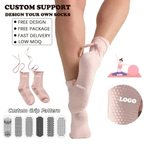 High Quality Tie Strap Pink Ribbon Crew Lace Tie up Pilates Socks Custom Pilates Socks Laceup Grip Yoga Socks