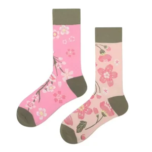 Hipster Lolita Romantic Sakura AB Asymmetrical Crew Socks Women’s Pink Flower Cozy Cute Mismatched Socks