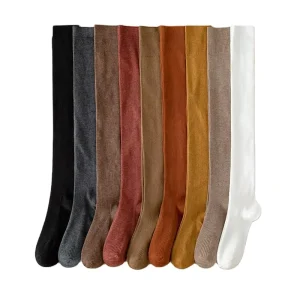 JK College Style Thigh High Socks Vertical Striped All Over Knitted Knee Length 100% Cotton Anti Slip for Autumn