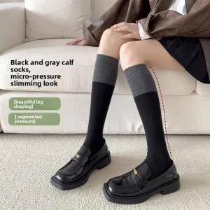 JK Crew Socks for Women Winter Long Cotton Calf Knitted Sweat Absorbent Solid Color Block Slightly Compressive