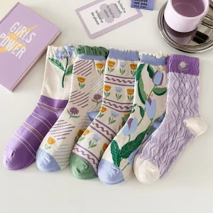 Japanese Korean Elegant Flower Socks Trendy Women Knitted Cotton Fairy Socks Girls