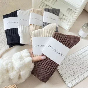 Japanese Style Chunky Knit Cotton Retro Double Socks Slouchy Boot Unisex Mid Claf Gray Sock with Thick Ribbed Texture