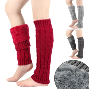 Japanese Style Fleece Lined Knit Leg Warmers Twist Pattern Thermal Pile Socks Womens Warm Leg Sleeves Foot Warmers Leg Warmers