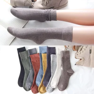 Japanese Style Mid Calf Socks for Women Autumn Winter Slouch Cotton Crew Solid Color with Body Logo