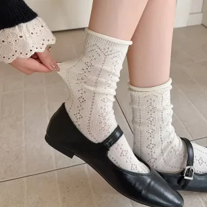 Japanese Style Mid Calf Women’s Cotton Socks Breathable Mesh Long Crew for Spring Summer Thin Hollow Out Daily Cuff