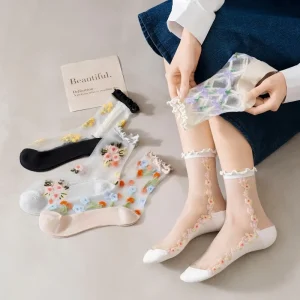 Jingwen CE Oeko Tex100 Socken Women’s Glass Silk Socks Thin Crystal Silk Sheer Socks Mid Calf Lace Edge Floral Socks