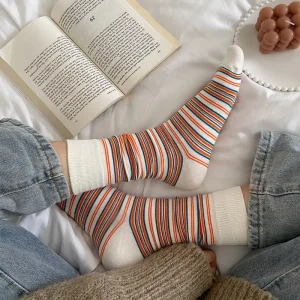Jingwen Custom logo Striped Cotton Fashion Preppy Style Double Needle Women Socks