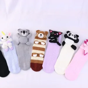 Kids Cute Animal Print Cotton Socks with Anti-slip Grip 3D Doll Decoration Knitted Fashion for Gift and Daily Use