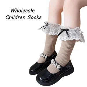 Kids Lace Ruffle Crew Socks Cotton Soft Breathable Butterfly Bow Decor Thin Knitted for Casual Party Wear