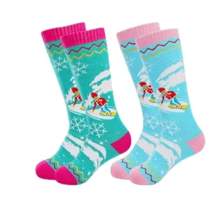 Kids Ski Socks Cartoon Pattern Thick Thermal Breathable Cotton 2 Pairs for Boys Winter Outdoor Skiing Skating