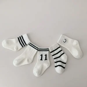 Kids Sports Socks Cotton Knitted Socks Baby White Smile Jacquard Pattern Black Stripes Socks for Infant Toddler 1 6 Y
