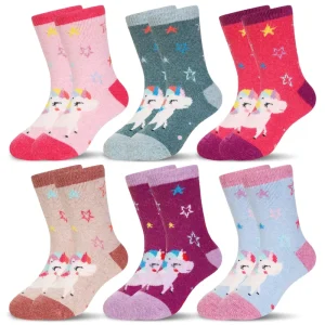 Kids Wool Thermal Thick Crew Socks Winter Warm Hiking Cozy Cute Unicorn Design for Toddlers Boys Girls 6 Pairs (4-7 Years)