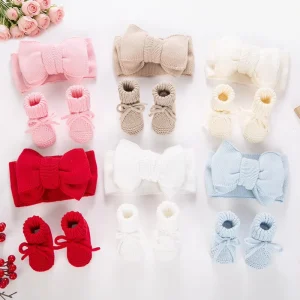 Knitted Cotton Children’s Headband Socks Set with Bow Hair Band Oversized Winter Baby Socks