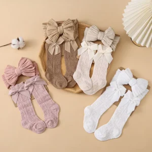 Korean Chiffon Big Bow Baby Headband & Knee High Socks Set RTS Class a Cotton Anti-Slip Socks for 0-12m Girls Newborn Photo Gift