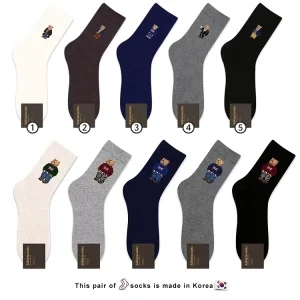Korean Crew Cotton Socks for Men Men’s Big Bear Cartoon Knitted Mid Tube Business Casual for Spring Winter