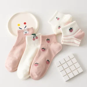 Korean Cute Cotton Short Socks for Spring Summer Women’s Ankle Length Floral Bows Pattern Knitted One Size Fits All Daily Usage