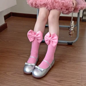 Korean Girls’ Bow Lace Knitted Cotton Crew Socks Candy Color Breathable Cute Children’s Stockings