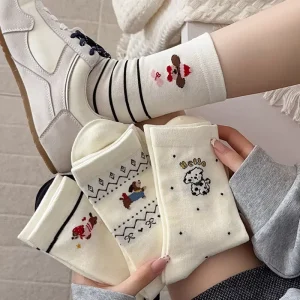 Korean Preppy Breathable Thin White Mid-Calf Socks Cartoon Cute Puppy Cotton Women’s Spring Jacquard Tube