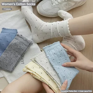 Lace-Trim Women’s Mid-Calf Socks Spring/Summer Japanese Style Slimming Vertical Stripes Versatile Polka Dot Pile Socks