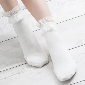Ladies Girl’s Lace Soft Comfortable Candy Color Middle Tube Hoseiry Lolita Frilly Socks Ruffle Princess Cotton Ankle Socks