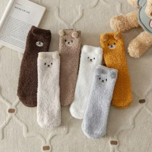 Lady Cute 3D Cartoon Bear Winter Warm Floor Socks Coral Fleece Fiber Comfy for Sleeping Fuzzy Daily Use Women