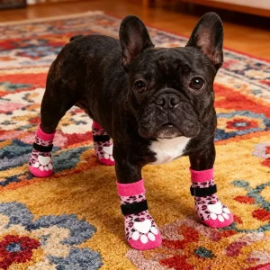 Large Size Pink Leopard Print Pet Socks Non Slip Doggy Socks Super Thick Grip for Hardwood Floors Great Paw Protection Winter