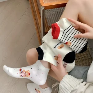 Little Bear Japanese Cute Cartoon Summer Knitted Sports Casual Crew Socks Women’s Children’s Combed Cotton Fashionable
