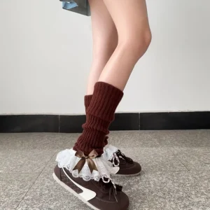 Lolita Warm Double-Layer Sweet Women’s Polyester Jacquard Lace Socks Solid Pattern White Lace Trim Mid-Calf Winter Daily Use