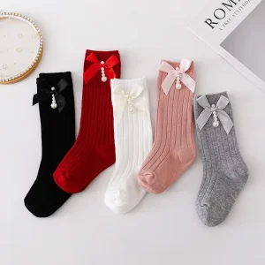 Long Tube Baby Girl Socks Solid Color Kids Cotton Socks 3D Bow Children’s Socks